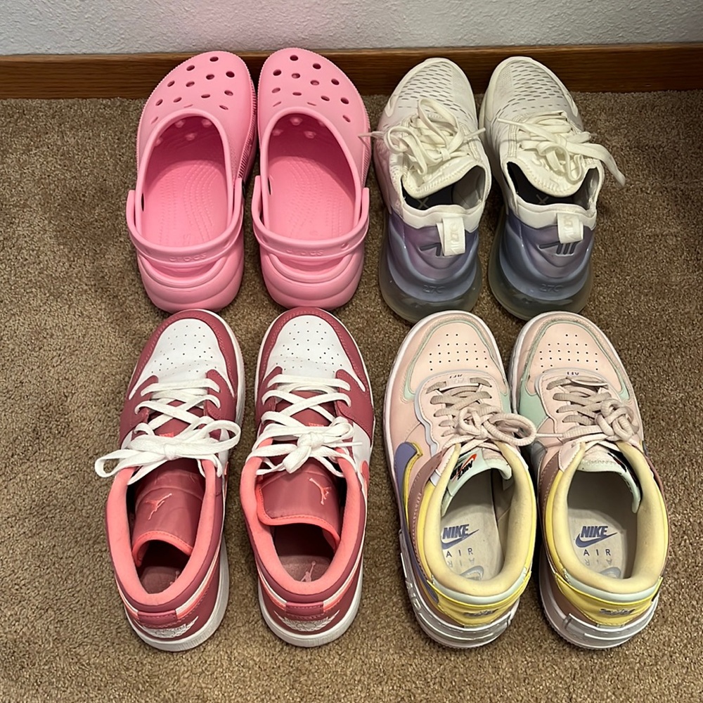 Pink crocs and sneakers